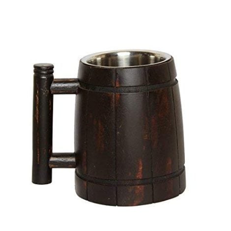 Taza de cerveza de madera artesanal con taza de acero inoxidable de 18 onzas | Ideal para regalar a hombres | Accesorios vintage para el bar  Diseño retro marrón.