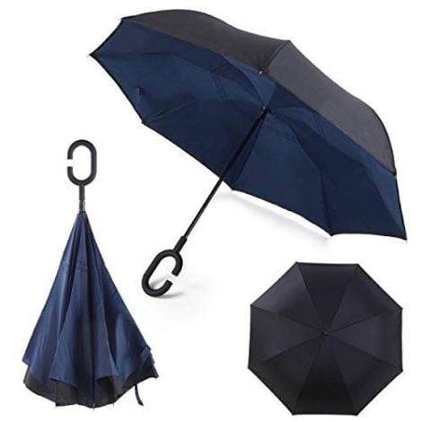 Paraguas Inverso ADVERS, plegable, doble capa innovadora, mango en forma de C, resistente al viento, antiviento negro, impermeable, ideal para coche, regalo para él o ella (Azul Marino).