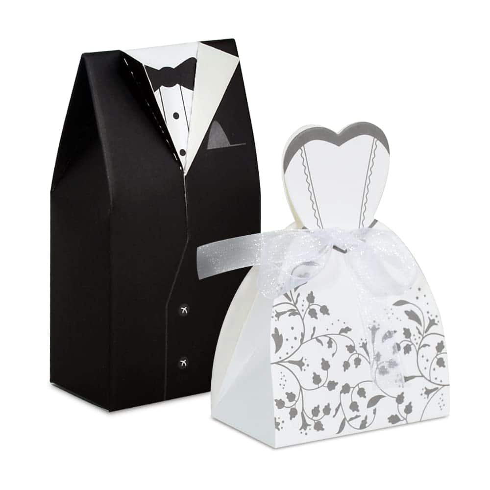 BEISHIDA Cajas de regalo de boda, cajas pequeñas de recuerdos de fiesta de boda, cajas de dulces para novia y novio, cajas de regalo de vestido y esmoquin, 50 piezas