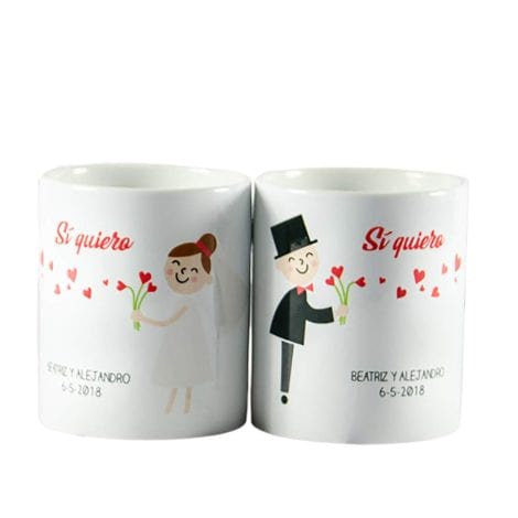 Regalo para Pareja: Set de Tazas ‘Sí Quiero’ con Nombres y Fecha Personalizados.