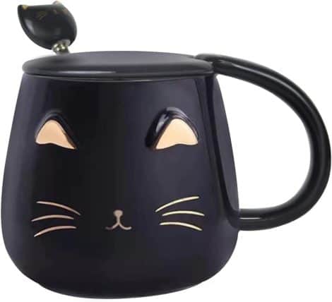 Taza de café de cerámica adorable con cuchara de acero inoxidable para amantes de gatos. La taza 3D es ideal para regalar. (Negro)