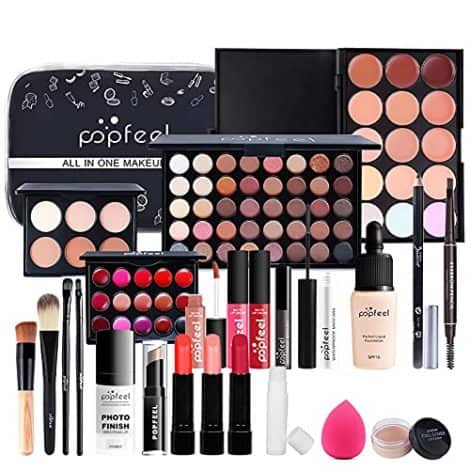 Set de maquillaje completo con 24 piezas, incluye crema para cejas, brillo de labios, brochas y sombras. Ideal para mujeres y niñas.