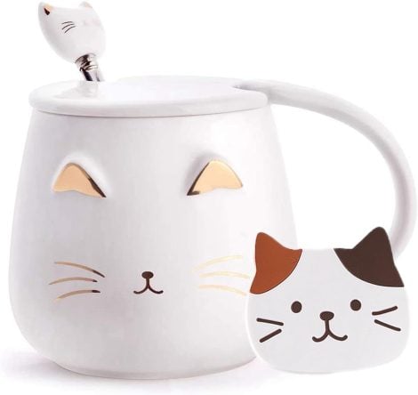 Taza adorable para amantes de gatos, con cuchara de acero inoxidable. Ideal como regalo navideño.