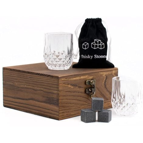 Pack de regalo de whisky con vasos pequeños, piedras, posavasos. Ideal para jubilación, San Valentín, Día del padre.