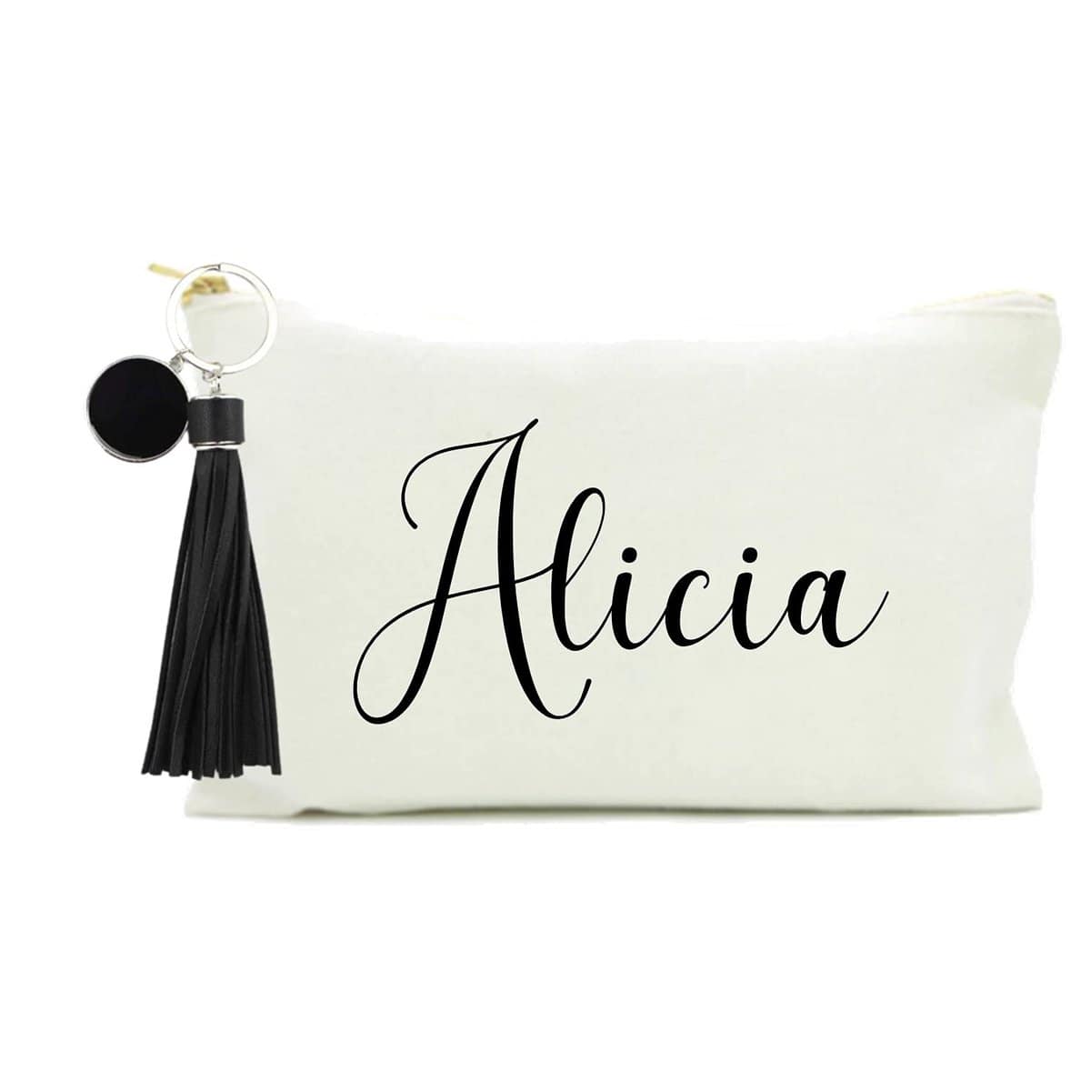 Neceser personalizado de Maquillaje. Bolsa de Cosméticos, BORLA NEGRA Bolsa de Viaje, Bolsa de Aseo para Mujer color Blanco. Organizador de Productos de Belleza y Cuidado Personal.