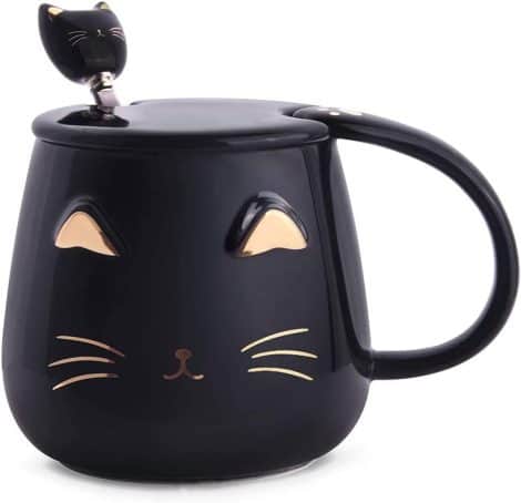 Taza de café de cerámica con Cuchara de Acero Inoxidable, ideal para amantes de gatos.