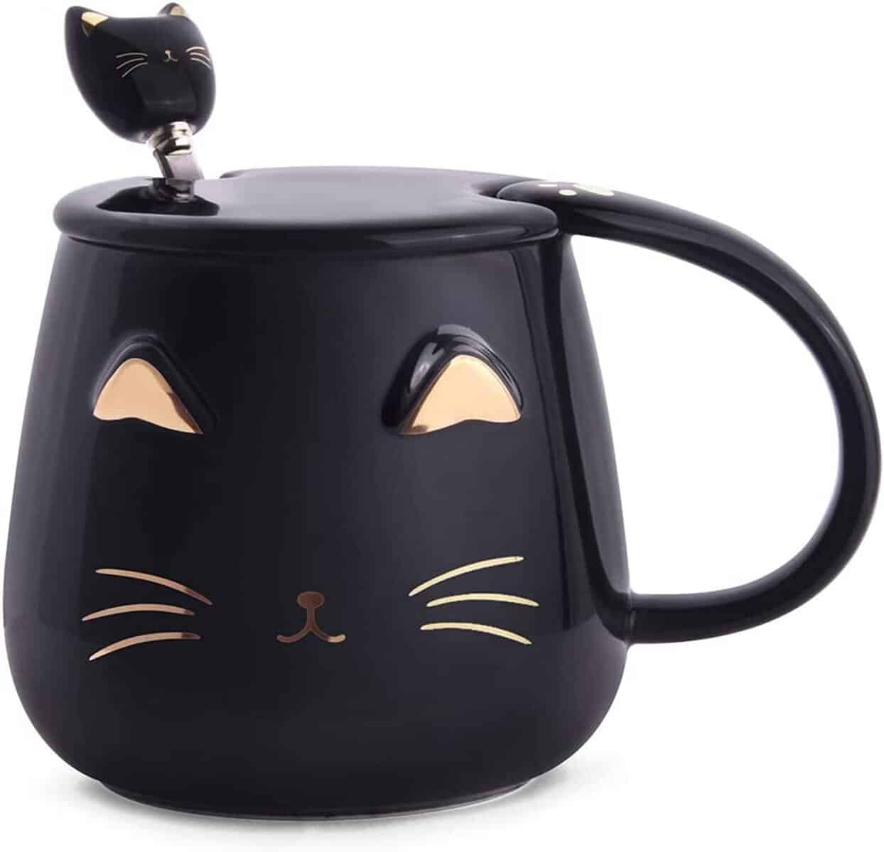 Aaliyahh Taza Linda del Gato Taza de café de cerámica con Cuchara de Acero Inoxidable para Gatitos,Animales 3d Tazas de gatos para amantes de los gatos Mujeres Regalos