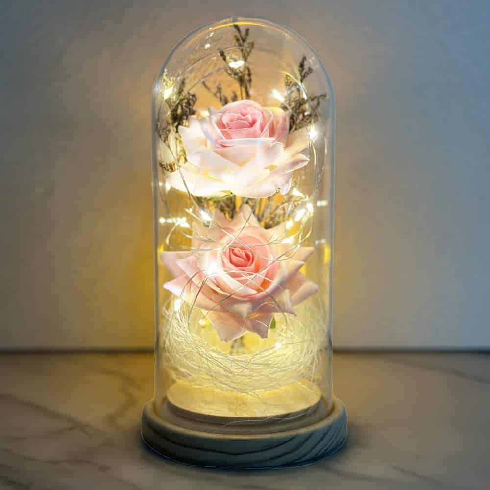 La Bella y la Bestia Rosa, Rosa Eterna, Elegante Cúpula de Cristal Rosa con Luces LED, Decoración Hogar, Kit de Rosas, Regalos Romántico para Mujer San Valentin Dia de la Madre, Aniversario Cumpleaño