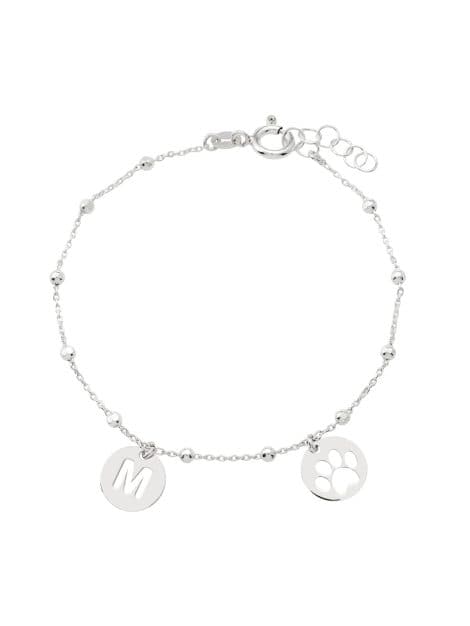 Pulsera personalizada de Plata de Ley 925 con inicial y huella de mascota. Ideal para regalar a mamá.