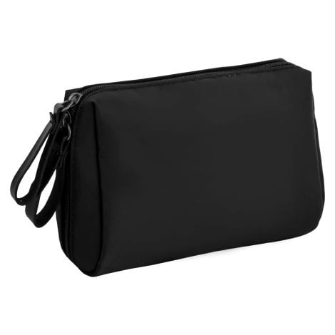 Bolsa cosmética negra para maquillaje portátil y viajes, organizador pequeño e impermeable con cremallera.