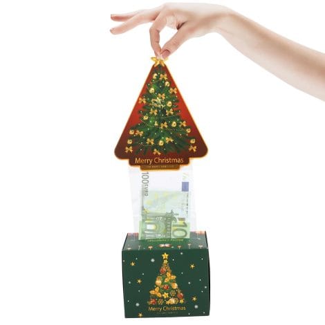 Hucha Sorpresa Navideña “Felices Dineros” con Árbol de Navidad DIY y Tarjeta Extraíble para Regalos Creativos.