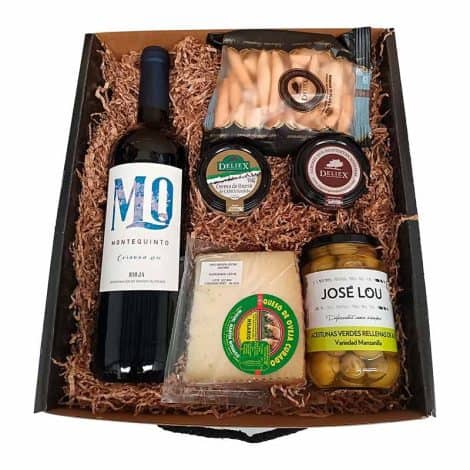 Pack de aperitivo 11 – Vino montequinto crianza, quesos en porción y para untar, paté de jamón, aceitunas y colines.