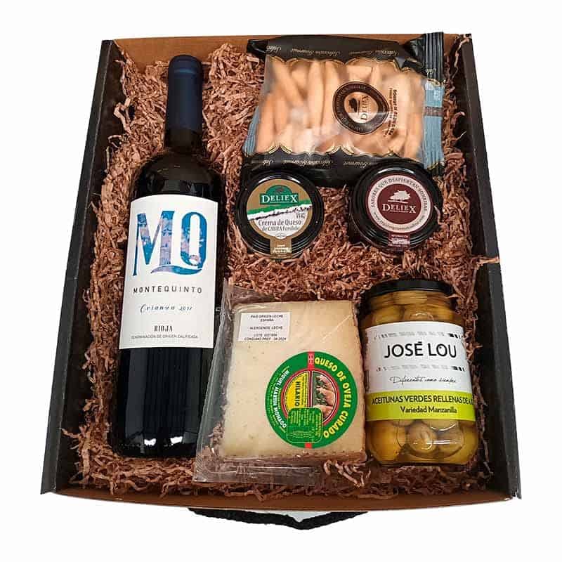 Regalo Caja Picoteo 11 - Vino montequinto crianza, quesos en cuña y para Untar, paté de jamón, Aceitunas y colines.