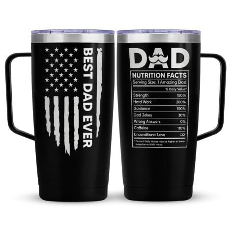 Taza de viaje para papá de acero inoxidable, 20 oz, información nutricional, asa – regalo perfecto para hombres en cumpleaños, Navidad o San Valentín.