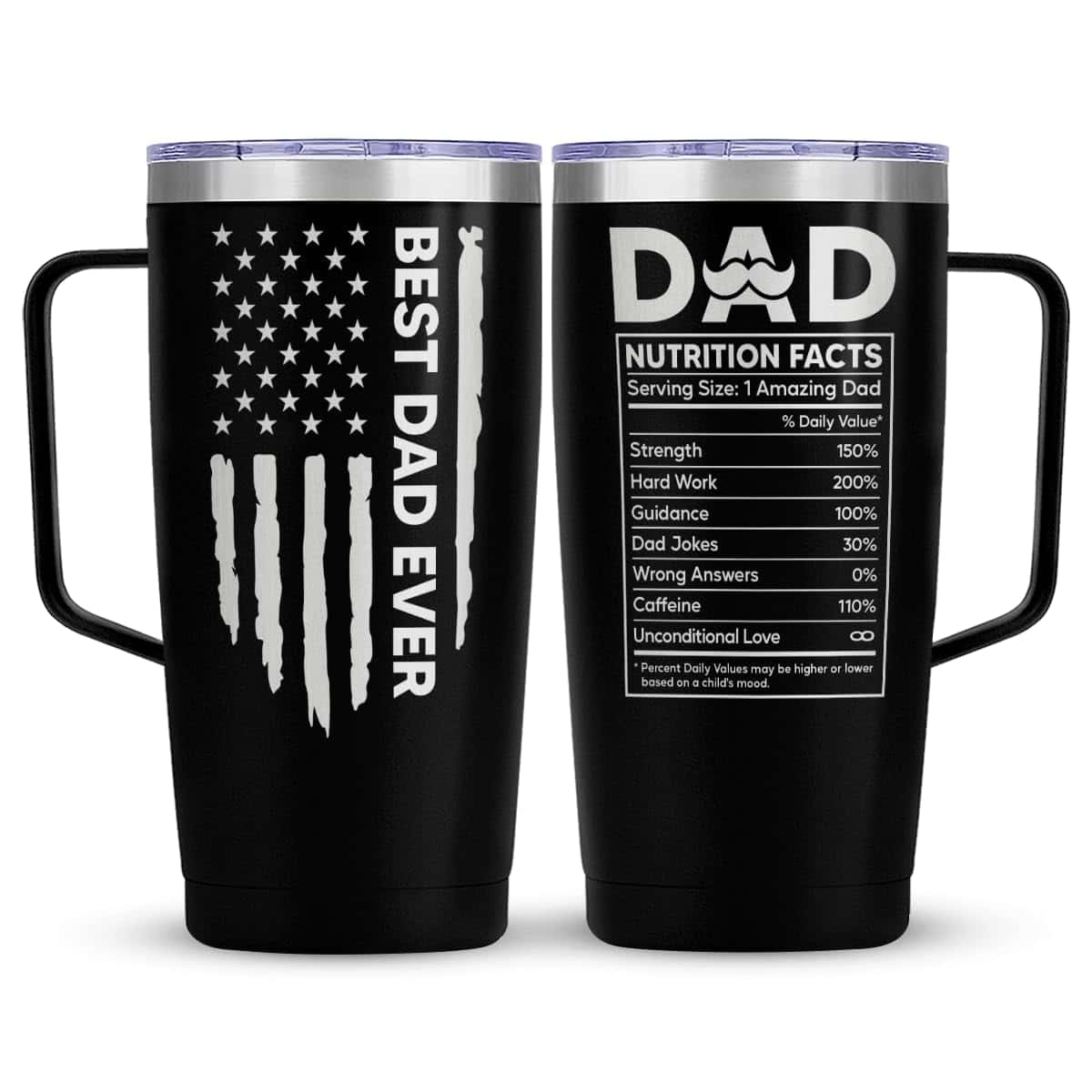 SANDJEST Vaso con asa para papá, de 20 onzas, información nutricional, de acero inoxidable, taza de café de viaje, el mejor regalo para padres, cumpleaños, Navidad, San Valentín, regalo para hombres,