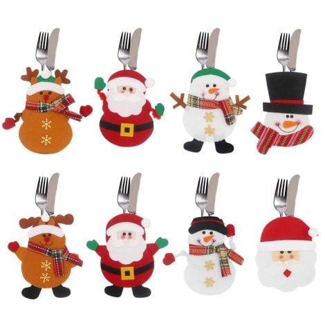 Juego de 8 Bolsitas Navideñas para Cubiertos con muñecos de nieve, alces y Papá Noel. Ideal para decorar tu mesa y hogar en Navidad.