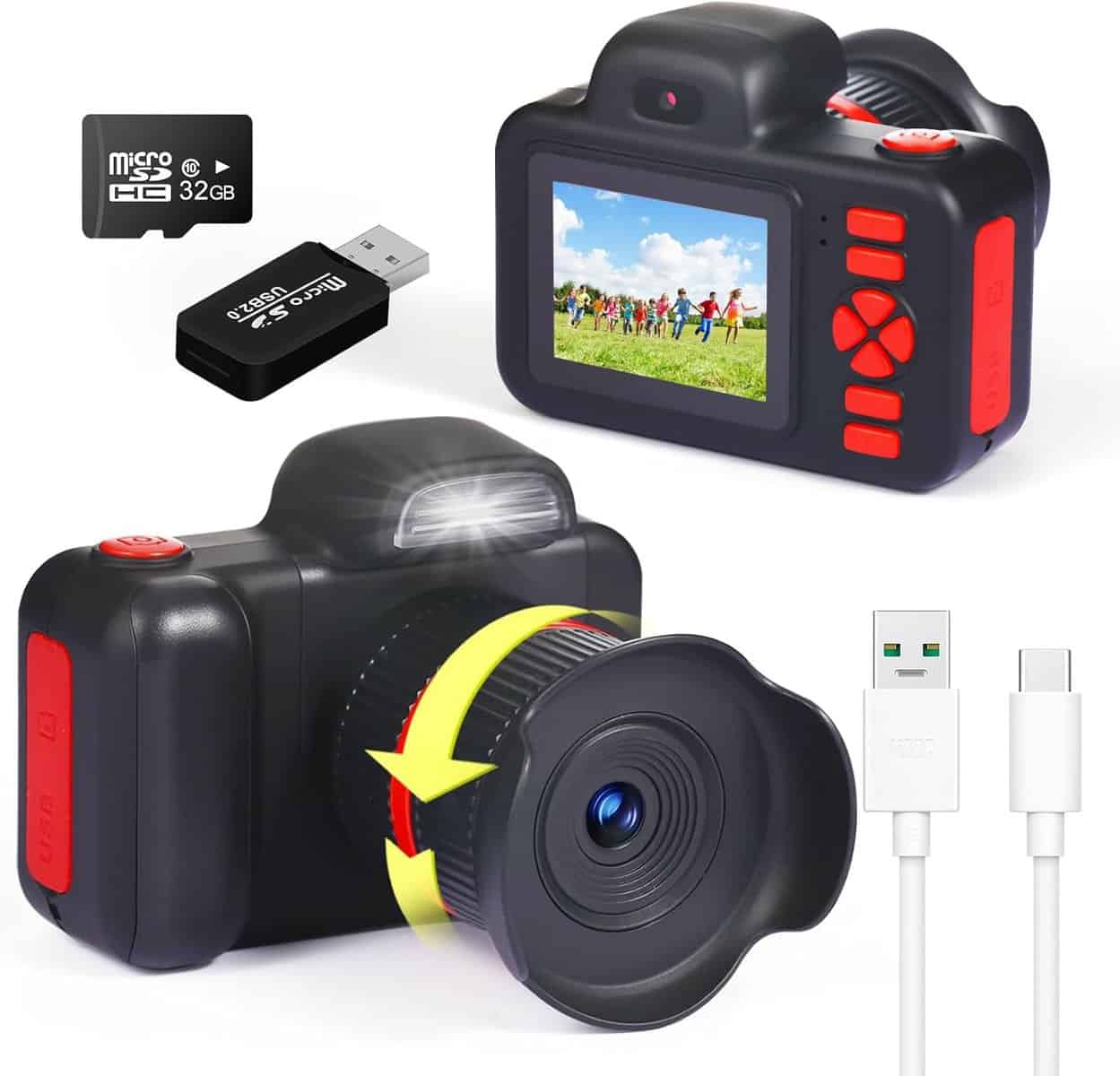 YunLone Camara Fotos Infantil, 1080P HD Selfie Video Camara de Fotos para Niños, Mini DSLR Cámara Infantil con Tarjeta SD de 32GB, Regalos de Cumpleaños para Niños y Niñas de 3 4 5 6 7 8 Años(Negro)