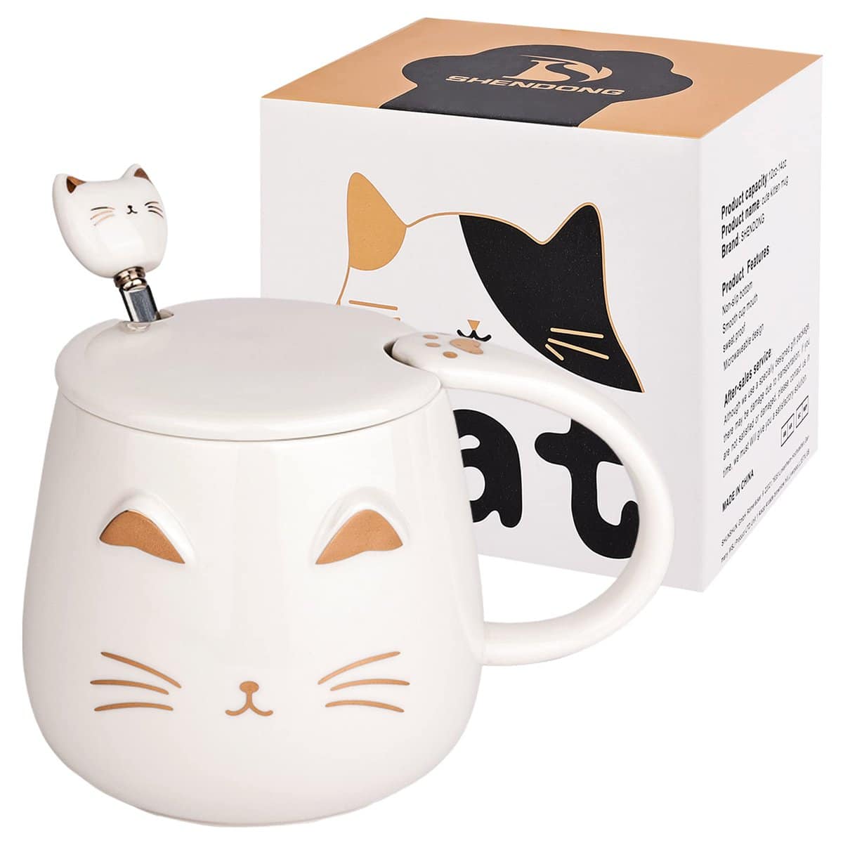 Taza Gato Blanco Linda taza de café de cerámica con tapa y cuchara kawaii Taza matutina novedosa Tazas de té de leche de café - Animales 3d Tazas de gatos para amantes de los gatos Mujeres Regalos