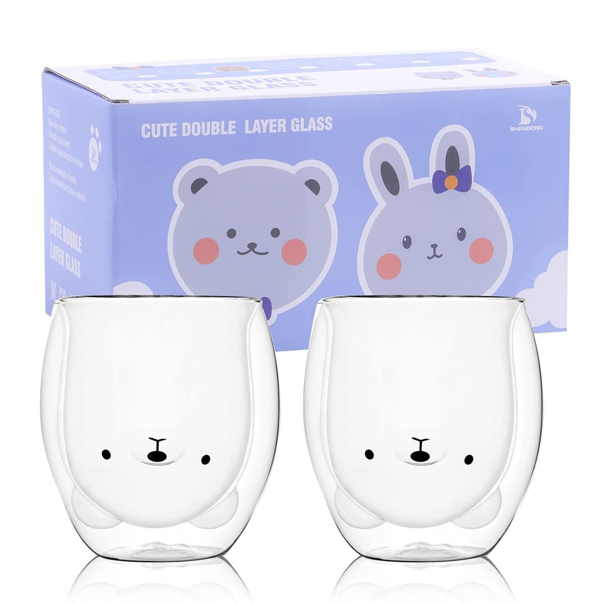 SHENDONG Tazas de oso lindoJuego de 2 Lindas tazas Taza de café de té de oso Taza de leche de 8.5 oz Tazas de café expreso de vidrio aislante de doble pared Regalo de cristal para cumpleaños oficina