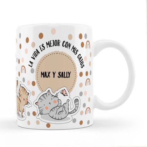 Taza de cerámica personalizada con nombres, ideal para amantes de los gatos. Tazas divertidas y originales para regalar.