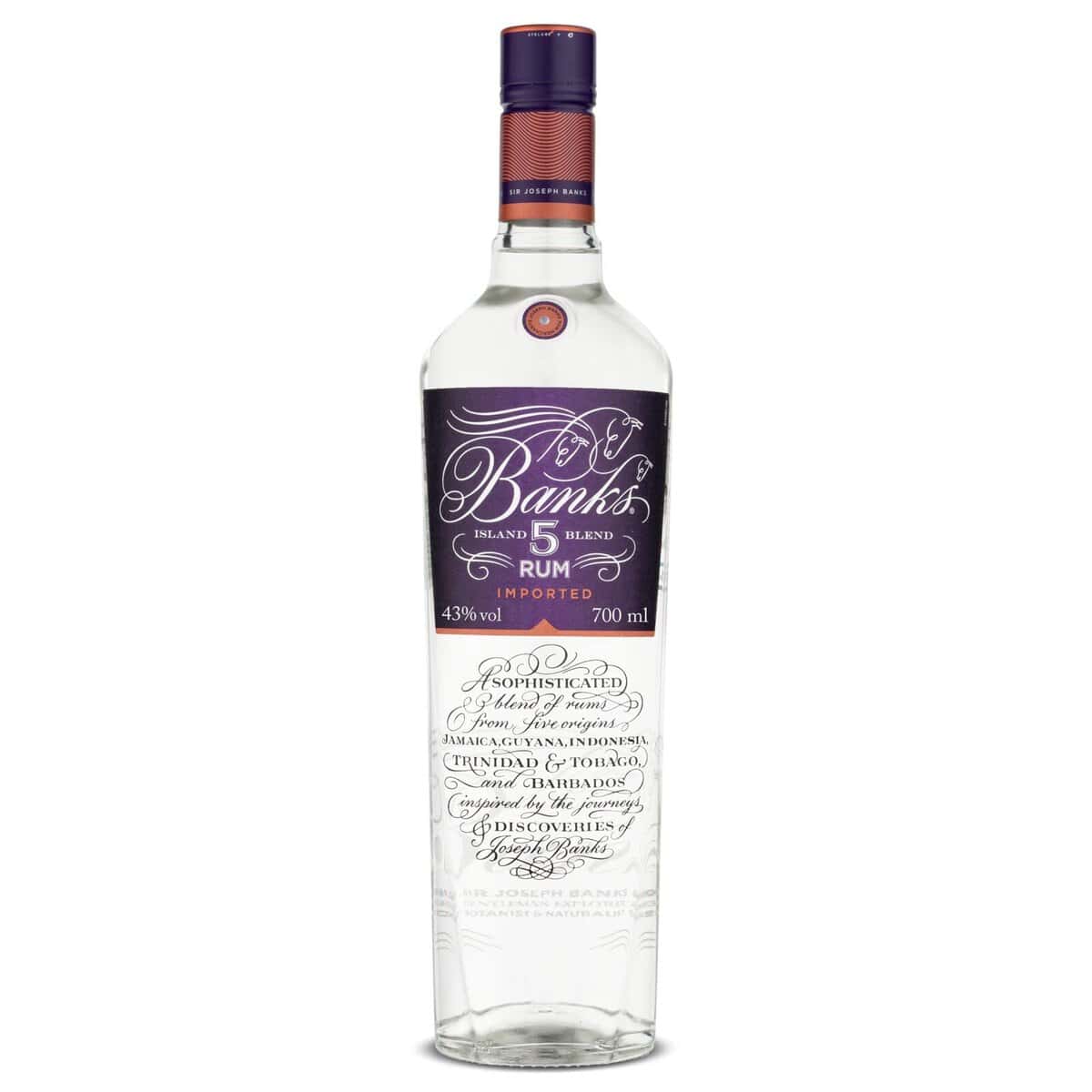 Banks 5 Island Blend Premium White Rum, Ron elaborado con una sofisticada mezcla de rones de 5 orígenes: Jamaica, Trinidad y Tobago, Guyana, Barbados y Java, 43 % vol., 70 cl / 700 ml