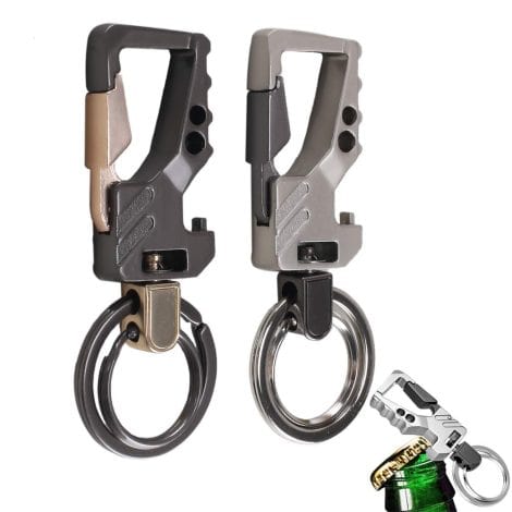 Conjunto de 2 llaveros mosquetón abrebotellas de cerveza metálicos para hombre y mujer, con anillo portátil. Ideal para regalo de viaje.