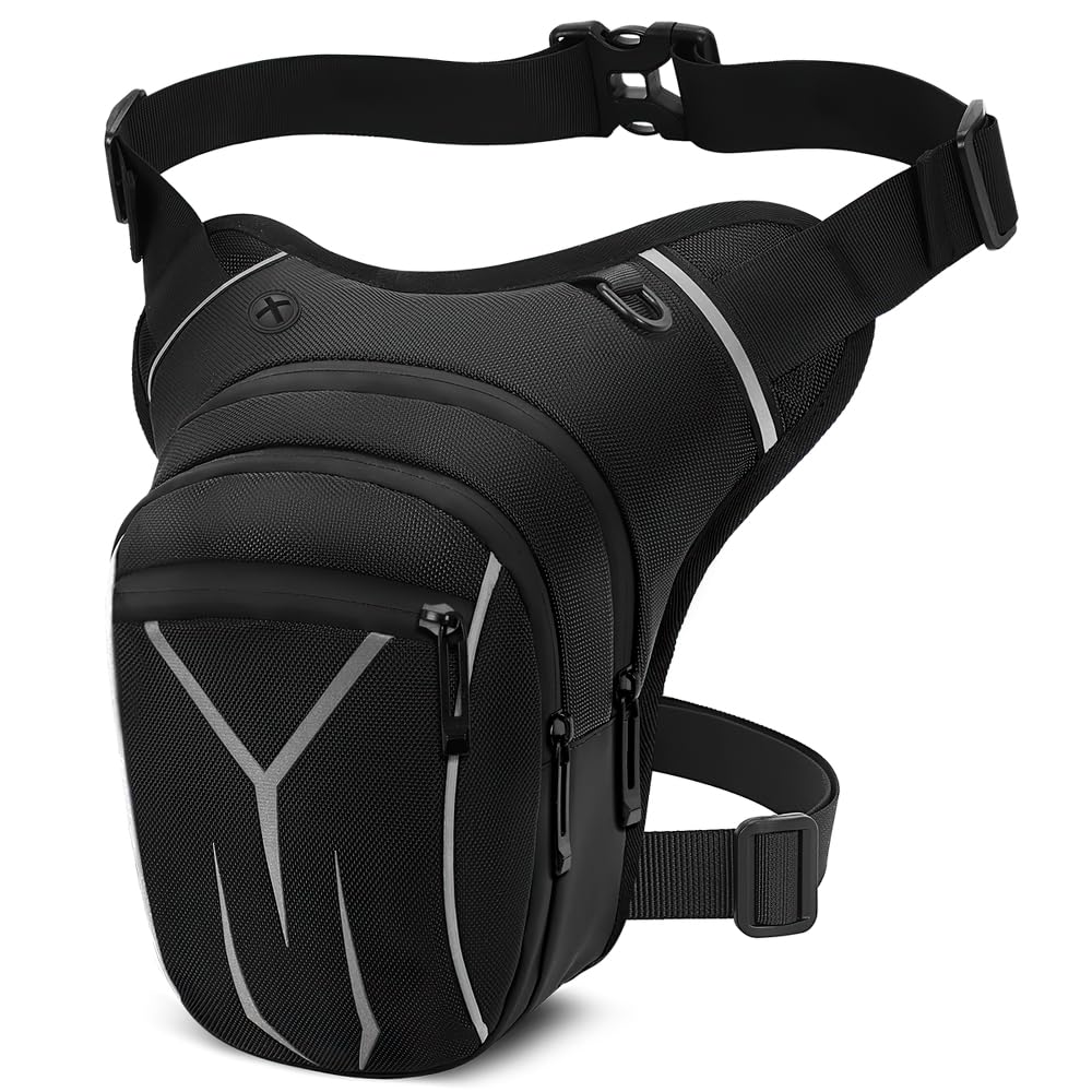 VOBUKE Bolsa Pierna Moto, Impermeable Tactico Riñoneras Pierna, Riñonera Deportiva Multifunción Bolso Lateral Moda con Reflectante para Hombre Mujere Deporte Camping Ciclismo Trabajo Pesca Negro