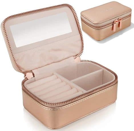 Joyero de viaje pequeño, estuche de piel sintética para joyas, ideal para guardar pendientes, anillos y collares. Regalo perfecto en oro rosa para mujer.