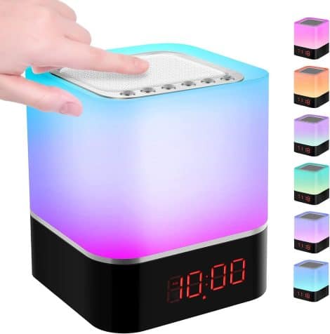 Luz de noche altavoz Bluetooth con control táctil inteligente, reloj despertador digital, luces multicolores regulables. Ideal para niños y adolescentes.