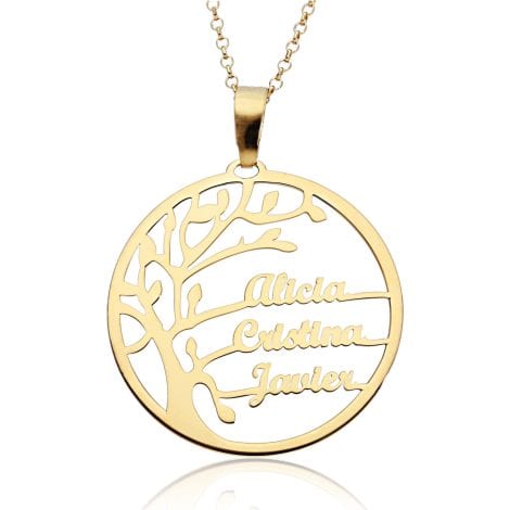 Collar Árbol de la Vida Plata de Ley – Regalo para Madres y Abuelas con Nombres de Familia – Gades hasta 6 nombres, Dorado o Plateado.