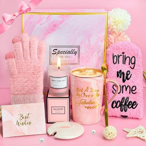 Conjunto de regalo para mujer: taza de café y complementos divertidos, perfecto para cumpleaños. Color rosa.