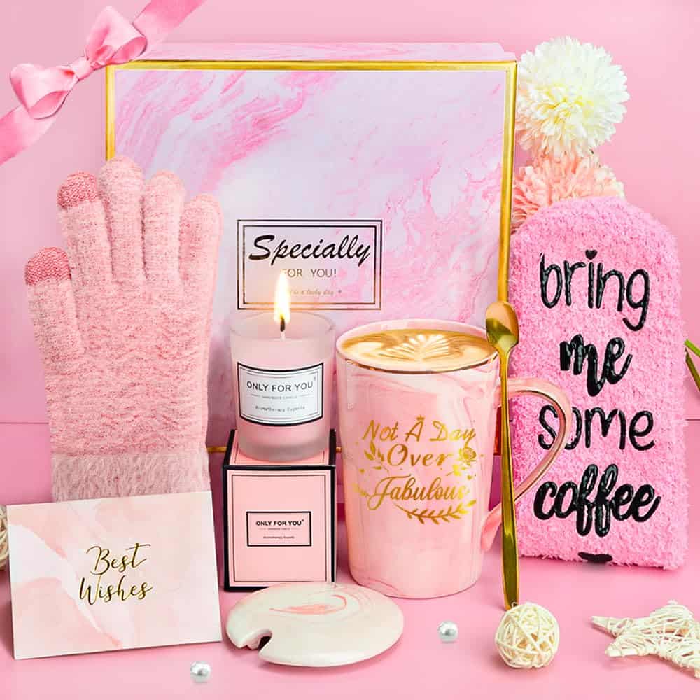 YYDSXK Regalos para Mujer, Regalo de Cumpleaños Originales para Mujer, 12oz Taza De Café Cerámica con Calcetines y Guantes, Ideas Divertidas Regalo Rosa para Esposa, Mamá, Hermana, Tía, Amigas