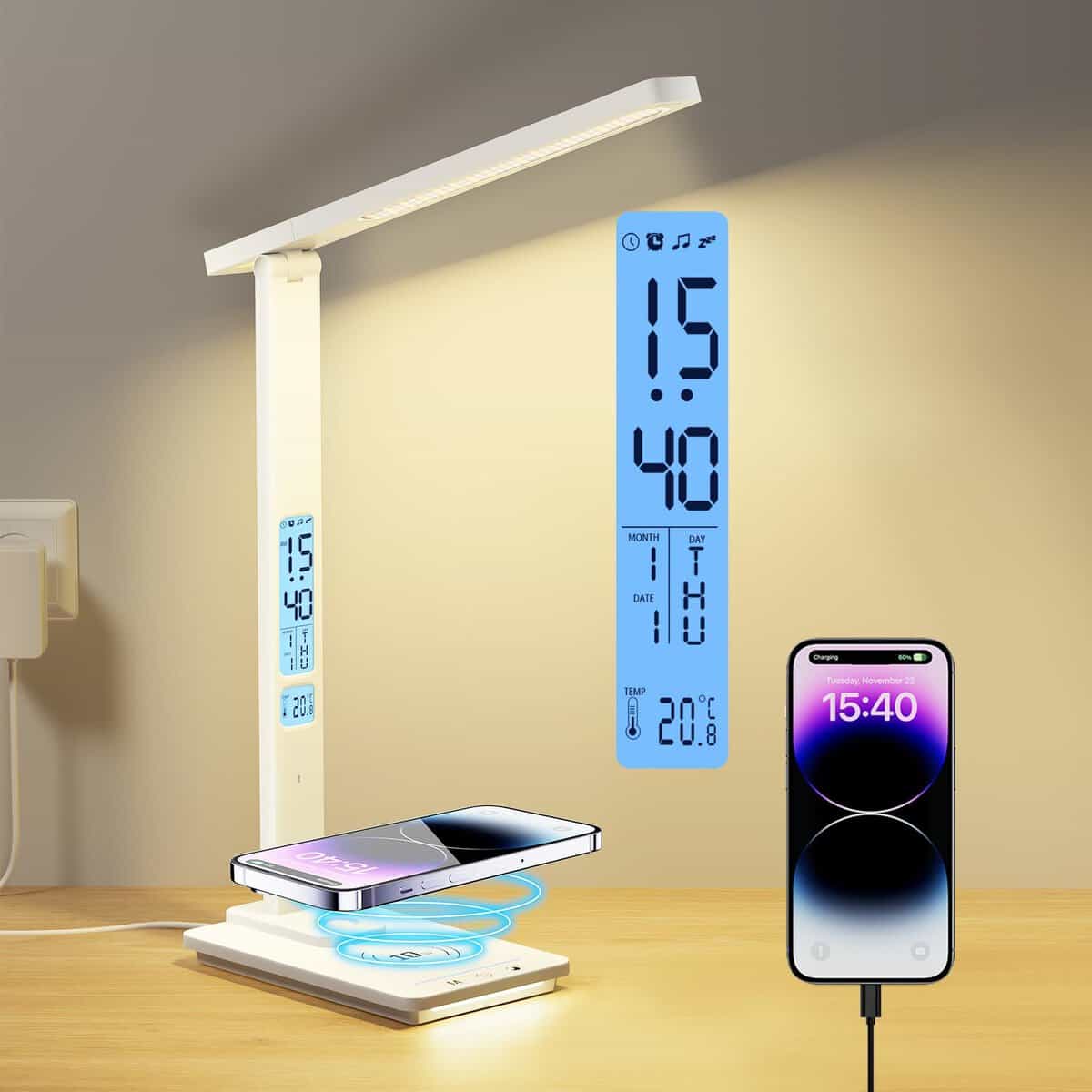 YAMYONE Lámpara de Escritorio LED con Cargador Inalámbrico & Puerto USB, Lámpara de Mesa 5 Colores 5 Brillos 2 Luces Nocturnas, Pantalla LCD Reloj Temperatura Protección Ocular Lámpara de Noche