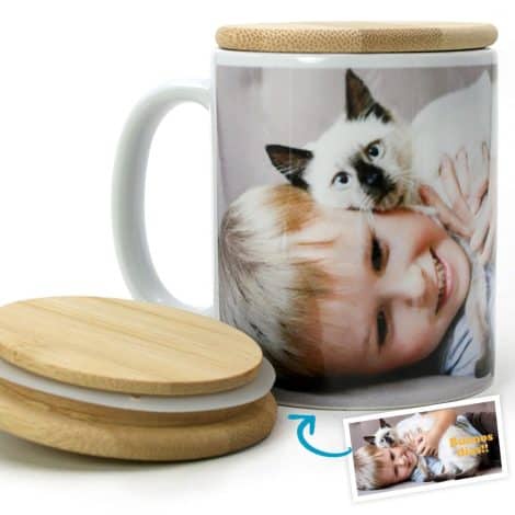 Taza personalizada de alta calidad con foto y texto, tapa de bambú ecológica. Regalo original para todos. Diseño con 1 foto.