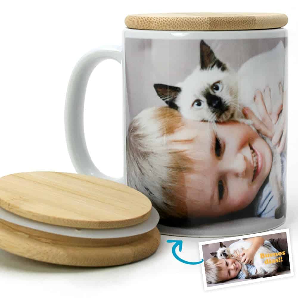 Taza personalizada con foto | Taza personalizada con foto y texto de cerámica Premium con tapa de bambú ECO | Regalos originales con foto para hombre, mujer, niños, profesores | DIseño:1 foto