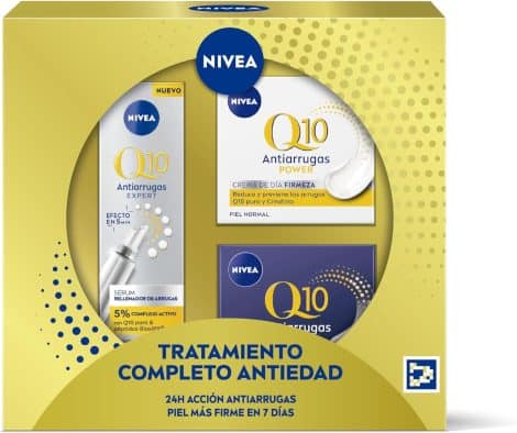 Pack Regalo NIVEA Antiedad Q10: Crema día FP15 (50 ml), crema noche (50 ml) y sérum concentrado (15 ml).