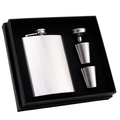 Set de petaca de 8oz/227ml de acero inoxidable para camping, ideal como regalo para hombres. Incluye 1 petaca, 2 tazas y 1 embudo. Color plata.