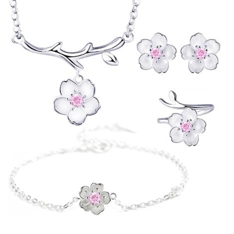 Conjunto de Joyas de Plata 925 con Diseño de Flores de Cerezo: Collar, Pendientes, Anillo y Pulsera para Mujer, ideal para Fiestas y Bodas.