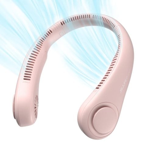 Ventilador de Cuello Portátil JISULIFE, recargable USB con 4000 mAh, sin hojas y 3 velocidades en rosa.