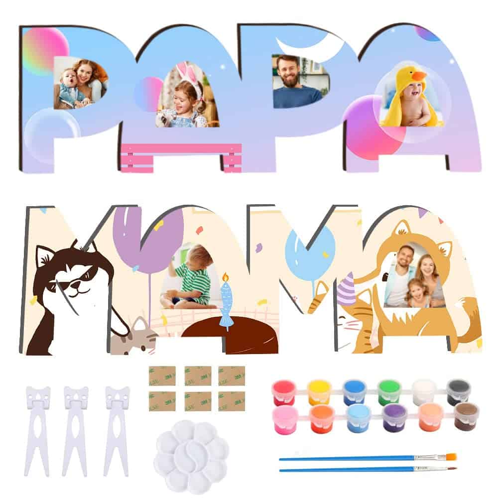 RtottiM Mamá Papa Regalo Nieto Regalos para Papá Mamá Cumpleaños Marco de fotos de Papá Letras de madera Juego de manualidades con colores y pinceles, Ideas de regalo para mamá Papa