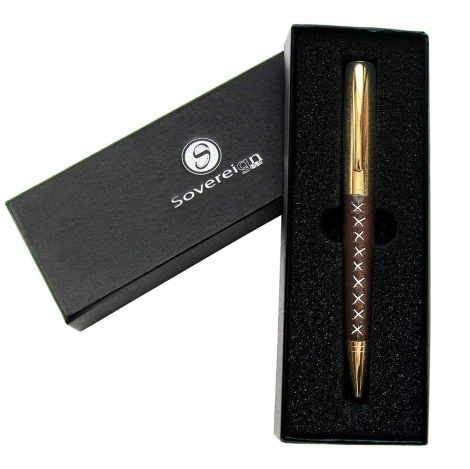 Pluma de cuero para caballeros y damas – Sofisticado cuero sintético y tinta dorada de flujo suave y ligero – Estuche encantador.