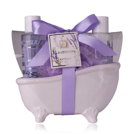 Accentra – conjunto de baño obsequio para mujer con aroma a lavanda en bañera de cerámica -kit de cuidado 3 en 1 con gel, loción y esponja – regalo de bienestar.