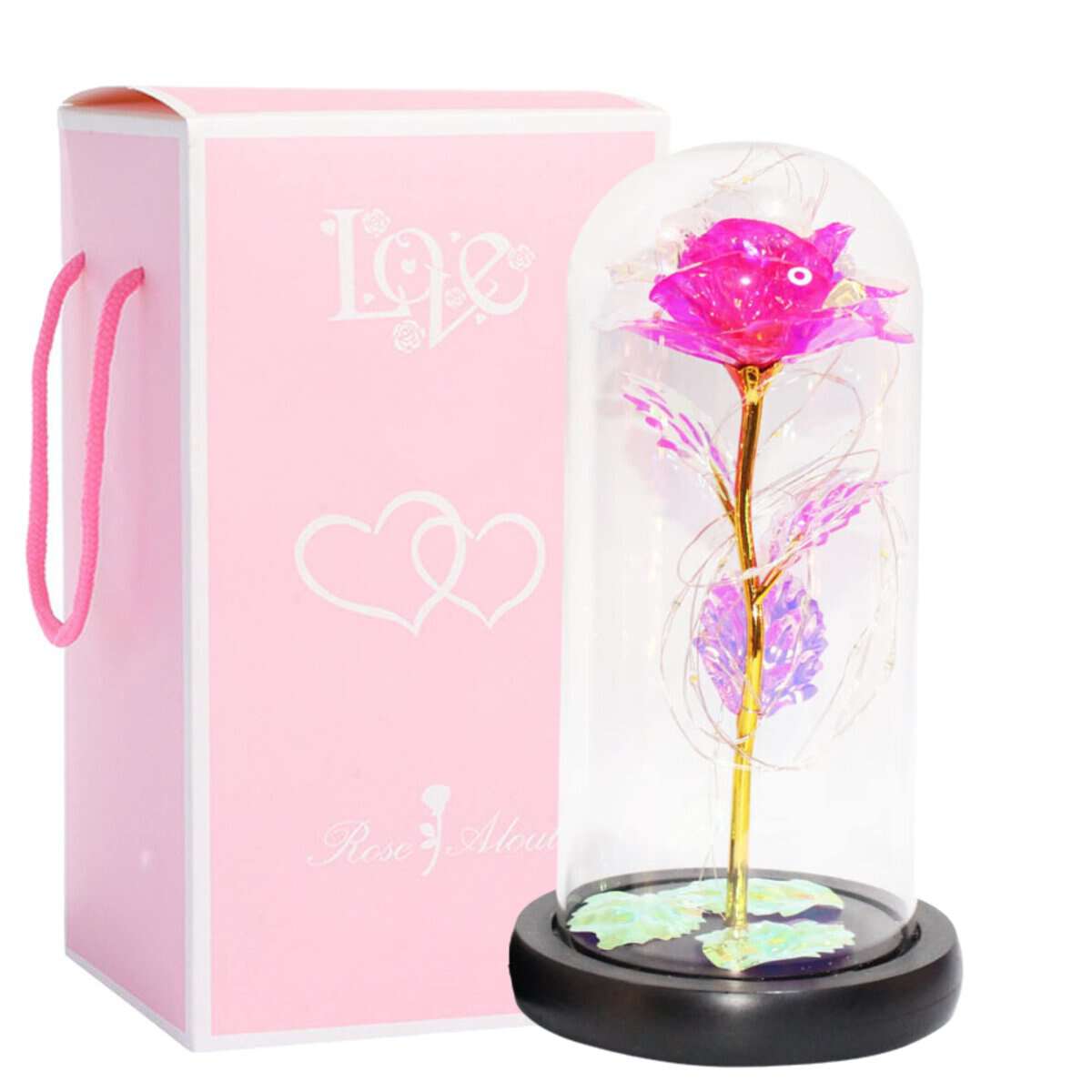 EKIMOS - Rosa eterna bajo Campana, La Bella y la Bestia, Rosa Artificial con LED, Regalo para Mujer, Día de San Valentín, Día de la Madre (Rosa)