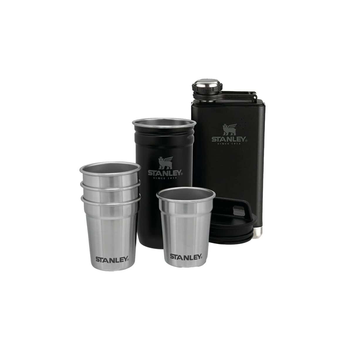 Stanley Adventure Pre-Party Vasos de Chupito + Petaca Set - Acero Inoxidable Sin BPA - Petaca de Acero Inoxidable - Set de regalo - Apta Para Lavavajillas