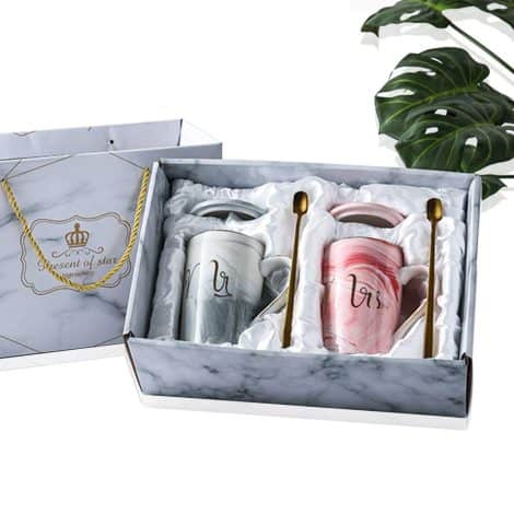 Conjunto de 2 tazas de cerámica “Amycute” para parejas de recién casados, con tapa y cuchara.