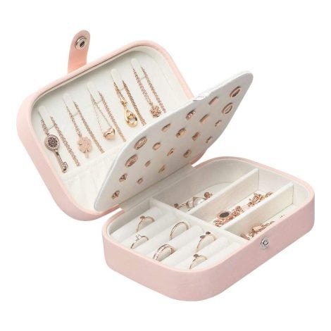 Organizador de Joyas Lrikas en color rosa, ideal para viajes y mujeres, con espacio para anillos, pendientes, pulseras y collares.