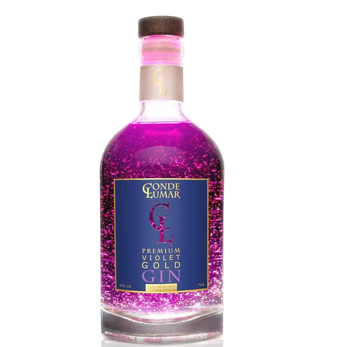 CONDE LUMAR - Gin Violet - Ginebra Premium Liqueur Gold 23K - Sabor Moras y Frutos del Bosque - Con Certificado de Oro de Calidad - Botella para Regalar - 40% Vol - 70 cl