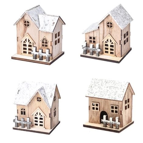 Set de 4 casas decorativas de madera iluminadas con LED, ideal para decorar la Navidad.