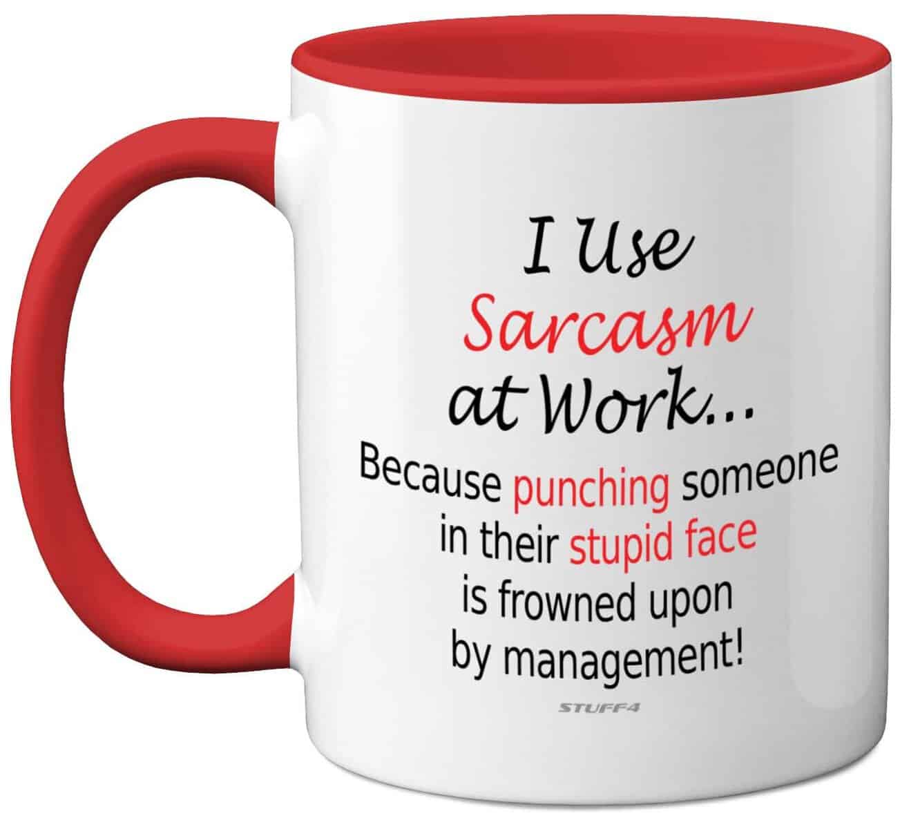 Tazas divertidas hombres mujeres  I use sarcasm at work  Tazas novedosas compañeros trabajo, regalos divertidos Papá Noel secreto regalo Navidad, regalo cumpleaños, taza mango rojo 11 onzas