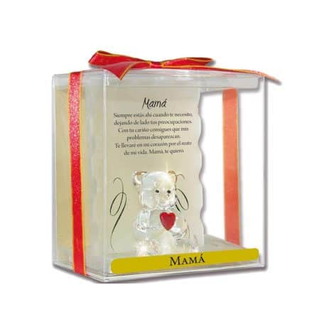 Osito de Cristal “Angel n Bear Mamá”, regalo decorativo con corazón rojo y frase especial.